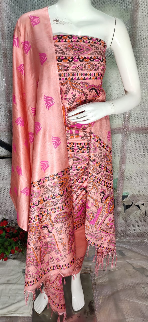Unstitched Hand Painted Madhubani Silk Suit at Rs 4250 | Hand Painted Dress  Material in New Delhi | ID: 21245278212